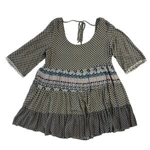 Umgee Women's Medium Patchwork Mini Dress with Open Back Bell Sleeves